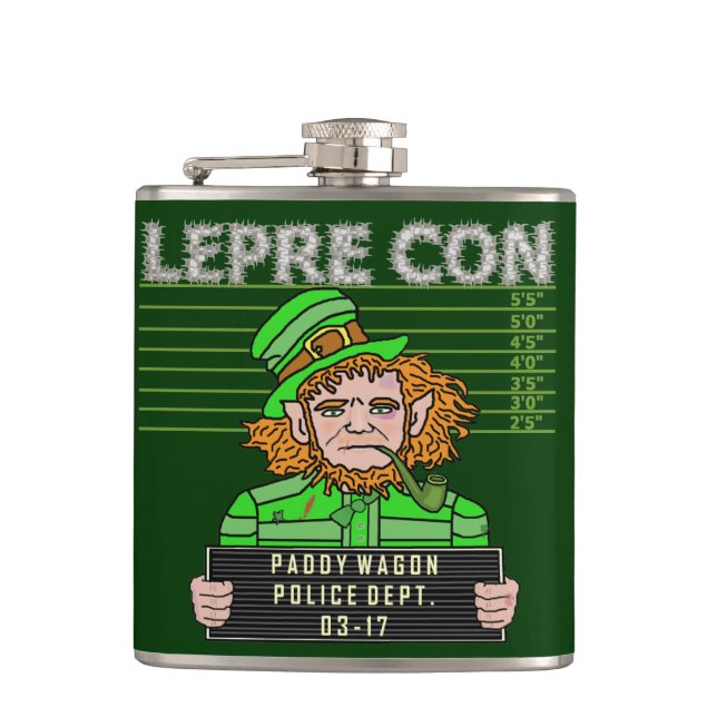 Petaca Gracioso Leprechaun Leprecon Mugshot St Patrones (Anverso)