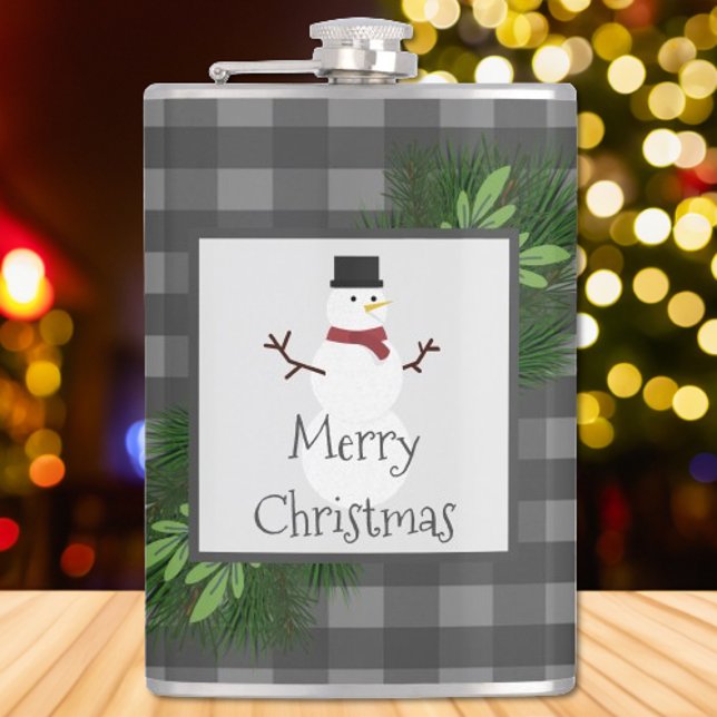 Petaca Gris Snowman Gray Buffalo Placa (Gray Snowman Buffalo Plaid Flask)