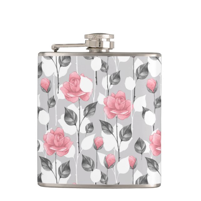 Petaca Gris y rosa. Patrón floral (Anverso)