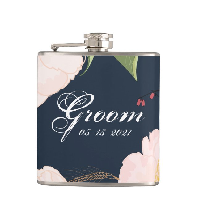 Petaca Groom Whiskey Flask Baby Cosmos rosados en blanco (Anverso)