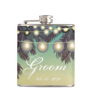 Petaca Groom Whiskey Flask Beach Sunset Palm Tree String