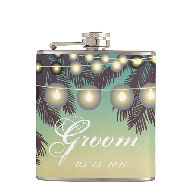 Petaca Groom Whiskey Flask Beach Sunset Palm Tree String (Anverso)
