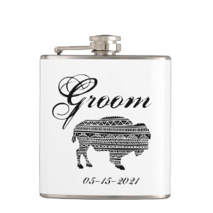 Petaca Groom Whiskey Flask Boho Buffalo Tribal Pattern Bo