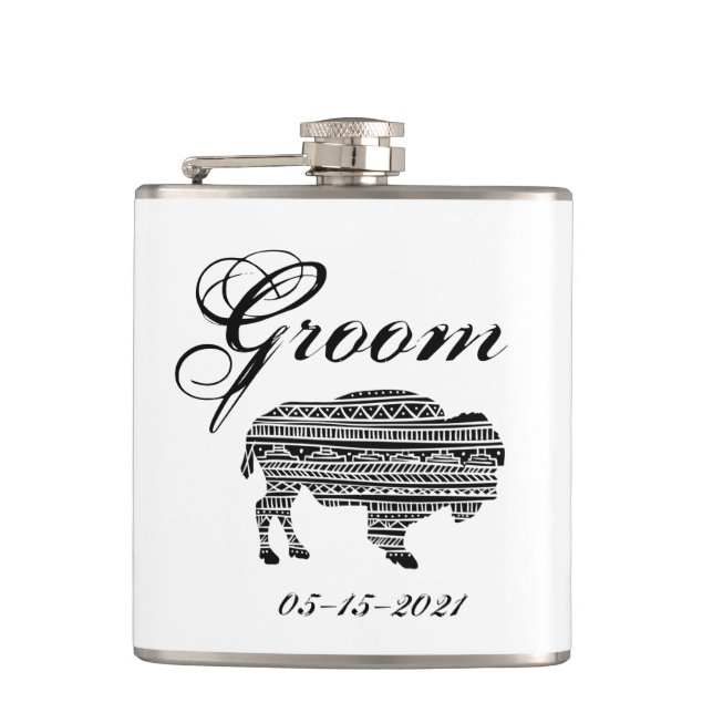 Petaca Groom Whiskey Flask Boho Buffalo Tribal Pattern Bo (Anverso)