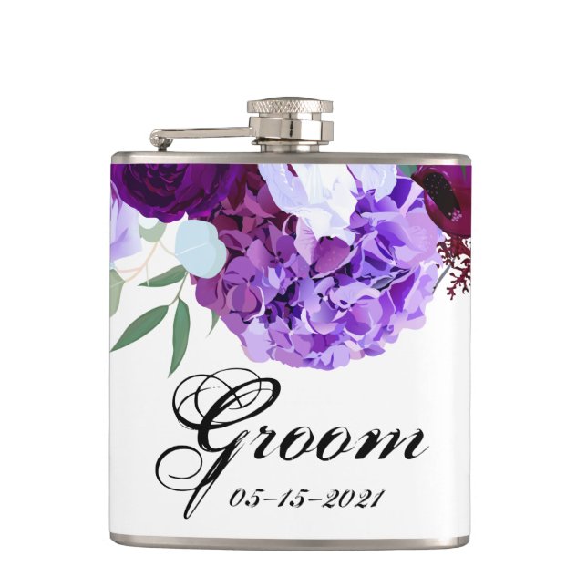Petaca Groom Whiskey Flask Lavender Hibiscus on White (Anverso)