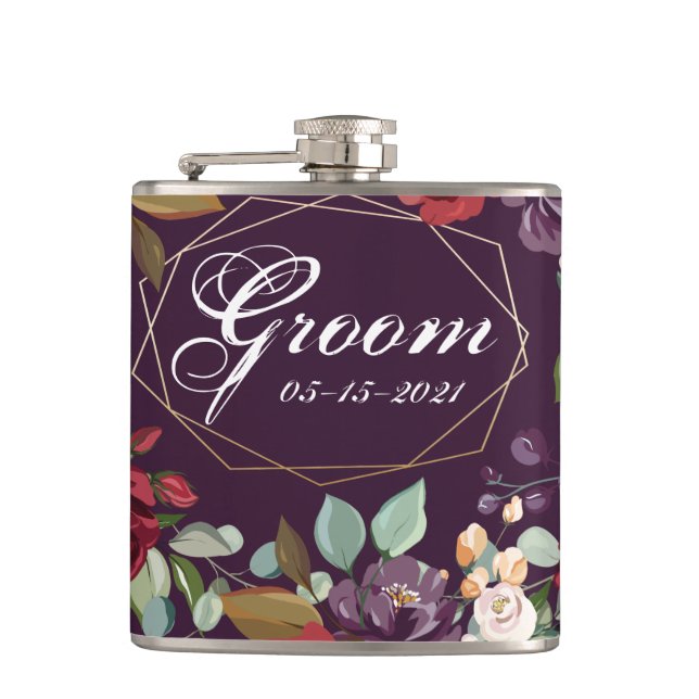 Petaca Groom Whiskey Flask Plum Rosas púrpura Geometro de (Anverso)
