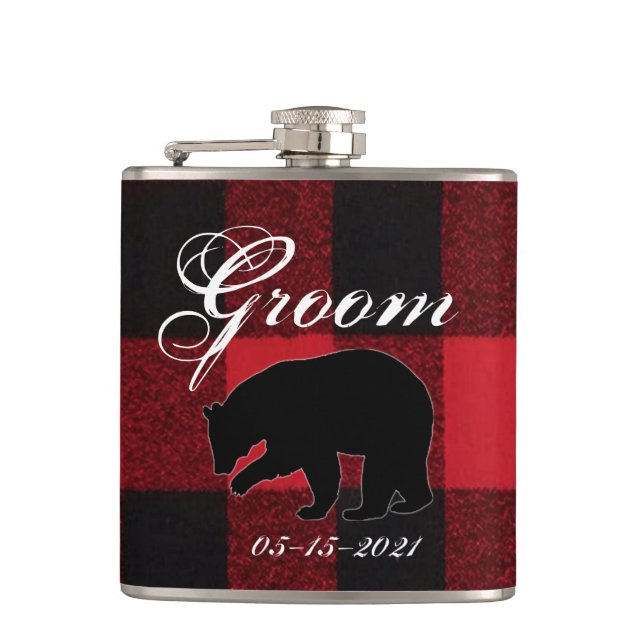 Petaca Groom Whiskey Flask Red Buffalo Plaid Bear Black (Anverso)