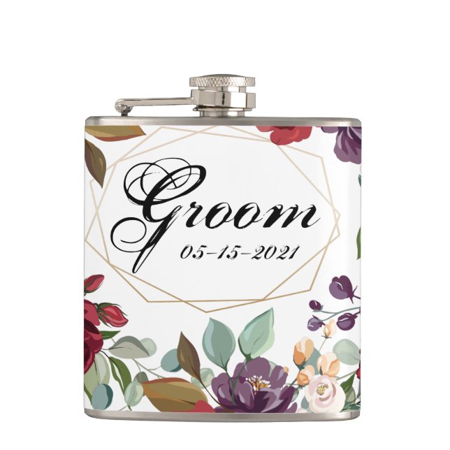 Petaca Groom Whiskey Flask White Roses Gold Geométrico (Anverso)