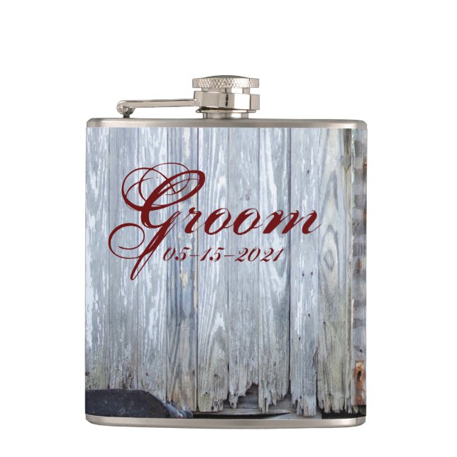Petaca Groom Whiskey Flask White Wash Wood Barn Dote Coun (Anverso)