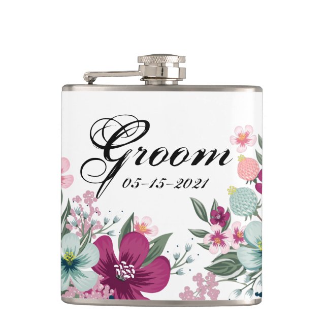 Petaca Groom Whiskey Flores tropicales en blanco (Anverso)