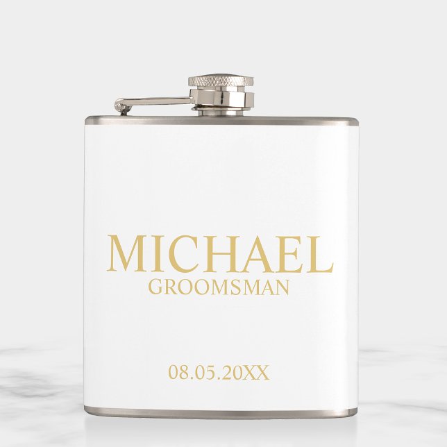 Petaca Groomsman clásico personalizado en blanco y oro (Subido por el creador)