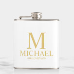Petaca Groomsman clásico personalizado en blanco y oro<br><div class="desc">Regalos Groomsman personalizados clásicos en blanco y oro con monograma personalizado, nombre y título de un tipografía de estilo clásico en serif. También perfecto para el Mejor Hombre, Padre de la Novia y más. Nota: Los detalles del Relieve metalizado se simulan en la obra de arte. Este producto no contará...</div>
