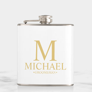 Petaca Groomsman clásico personalizado en blanco y oro