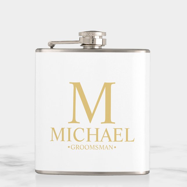 Petaca Groomsman clásico personalizado en blanco y oro (Subido por el creador)