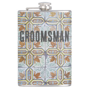 Petaca Groomsman de mosaico portugués azul vintage único