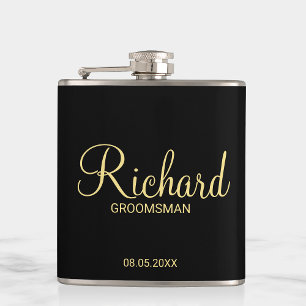 Petaca Groomsman personalizado de color negro y oro moder
