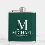 Petaca Groomsman personalizado del verde esmeralda modern<br><div class="desc">Regalos Groomsman personalizados modernos con monograma personalizado,  nombre del groomsman y título en estilo de letra serif clásico blanco sobre fondo verde esmeralda. También perfecto para el Mejor Hombre,  Padre de la Novia y más.</div>