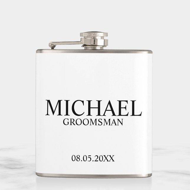 Petaca Groomsman personalizado en blanco y negro moderno (Subido por el creador)