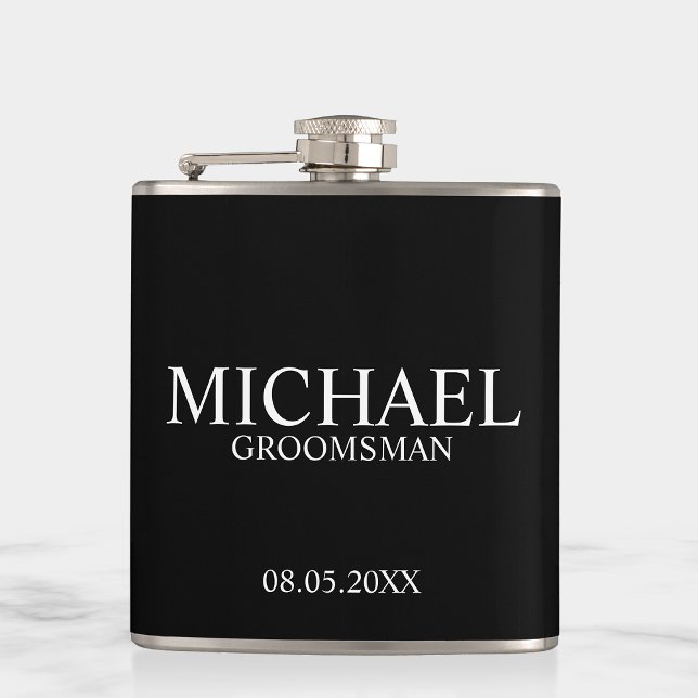 Petaca Groomsman personalizado en blanco y negro moderno (Subido por el creador)