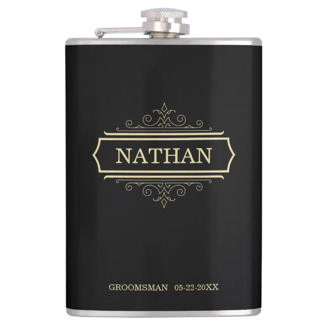 Petaca Groomsmen Gift Personalizado Flask Black Gold Name (Anverso)