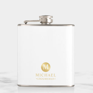 Petaca Groomsmen Masculino Blanco y Oro Personalizado