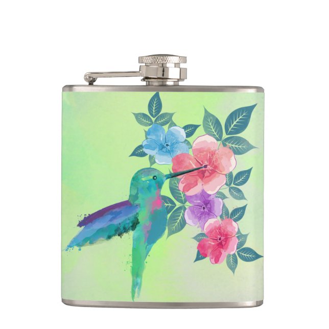 Petaca Guay lindo acuarela vibrante colibrí floral (Anverso)