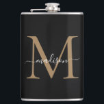 Petaca Guión femenino de monograma elegante de oro negro<br><div class="desc">Frasco de guión femenino de monograma elegante de oro negro moderno</div>