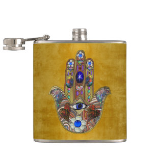 Petaca Hamsa Hearts Flores: Arte Opal sobre Oro