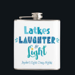 Petaca Hanukkah Latkes Laughter Light Funny Nombre Person<br><div class="desc">"Lágrimas, risas y luz". La tipografía artesanal de colores vivos, azul polvoriento, turquesa y verde azulada sobre un fondo blanco y limpio, junto con tu nombre y un dicho gracioso, te ayudan a iniciar Hanukkah. Disfrute de la calidez de la temporada de vacaciones, siempre que utilice este elegante y moderno...</div>