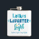 Petaca Hanukkah Latkes Laughter Light Funny Nombre Person<br><div class="desc">"Lágrimas, risas y luz". La tipografía artesanal de colores vivos, azul polvoriento, turquesa y verde azulada sobre un fondo blanco y limpio, junto con tu nombre y un dicho gracioso, te ayudan a iniciar Hanukkah. Disfrute de la calidez de la temporada de vacaciones, siempre que utilice este elegante y moderno...</div>