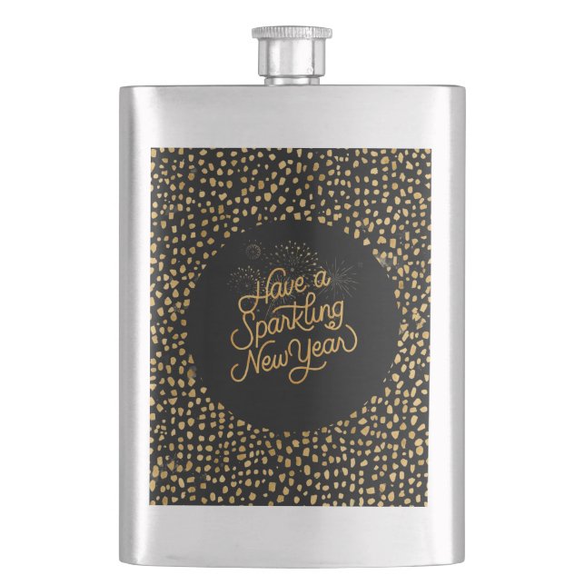 Petaca Happy New Year Celebrate,Gold Pixels Pattern,Black (Anverso)