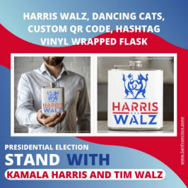 Petaca Harris Walz, gatos bailarines, código QR del Perso