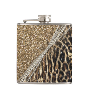 Petaca Hermosa Moda Girly Leopard Print Gold Purpurina