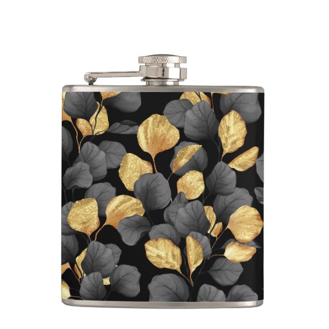 Petaca Hojas de oro y negro. Estampado (Anverso)