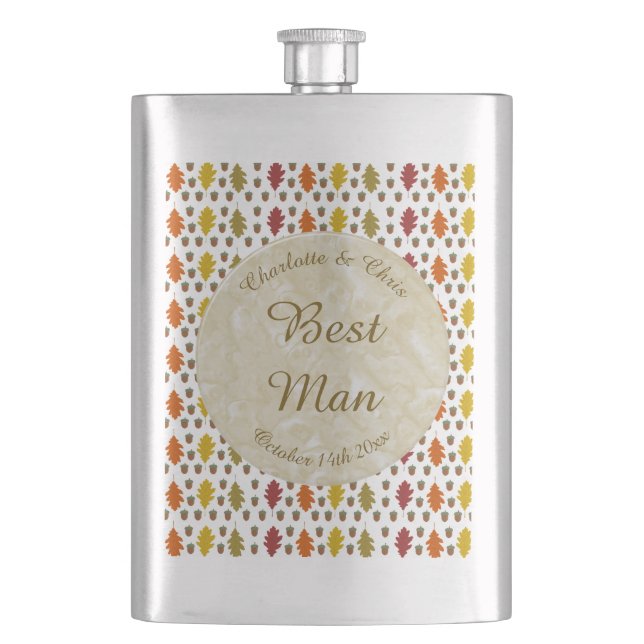 Petaca Hojas de roble y bellotas caen boda de otoño perso (Anverso)