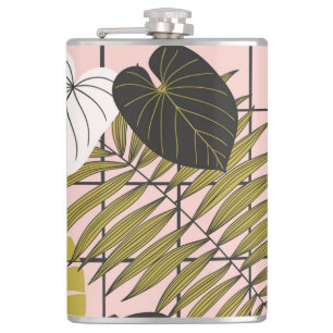 Petaca Hojas tropicales, flores, patrón pintado a mano.