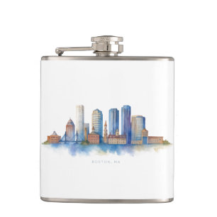 Petaca Horizonte de la ciudad de Boston en acuarela Mod