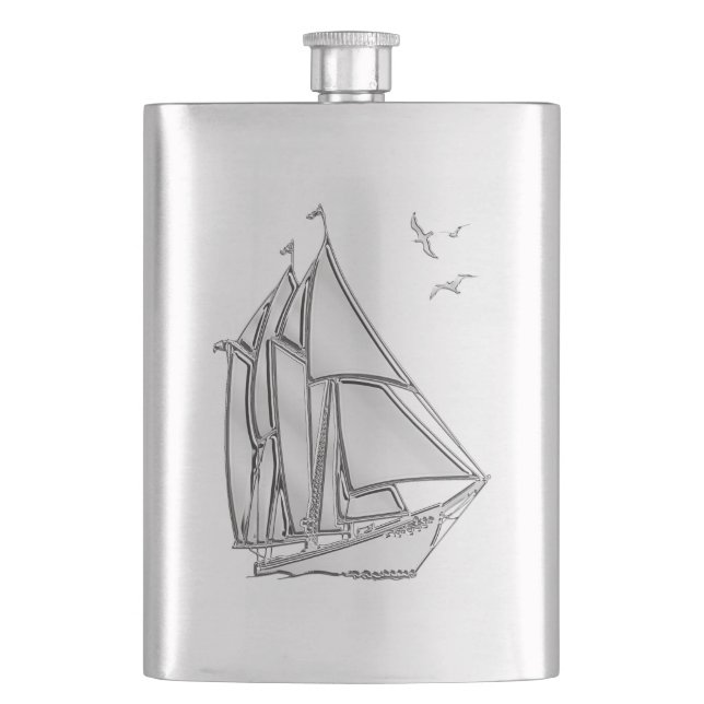 Petaca Impresión náutica en barco de vela cromado (Anverso)