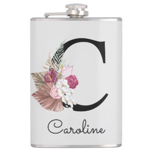 Petaca Inicial C Monogramada Rosa Boho Floral Femenina