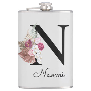 Petaca Inicial floral boho rosa monogramada N