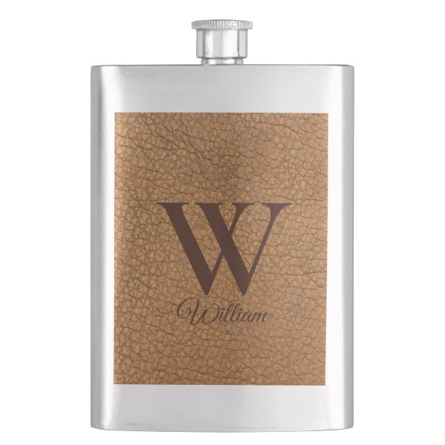 Petaca Inicial Monogramada Elegante de Cuero Marrón Falso (Anverso)