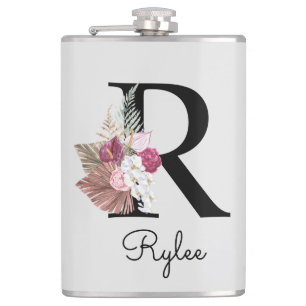 Petaca Inicial R Monogramada Rosa Boho Floral Femenina