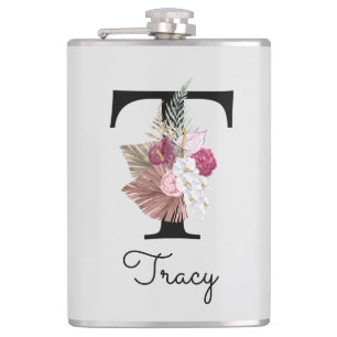 Petaca Inicial T Monogramada Rosa Boho Femenina Floral