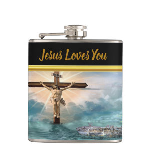 Petaca Jesús que cuelga de una cruz cristiana de la