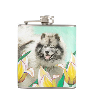 Petaca Keeshond en tulipanes pintando arte original del p