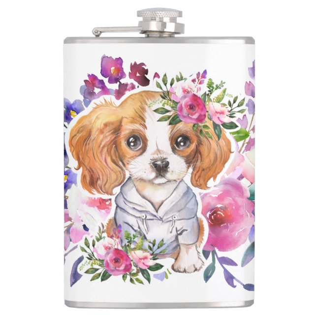 Petaca King Charles Spaniel con jarra clásica de flores (Anverso)