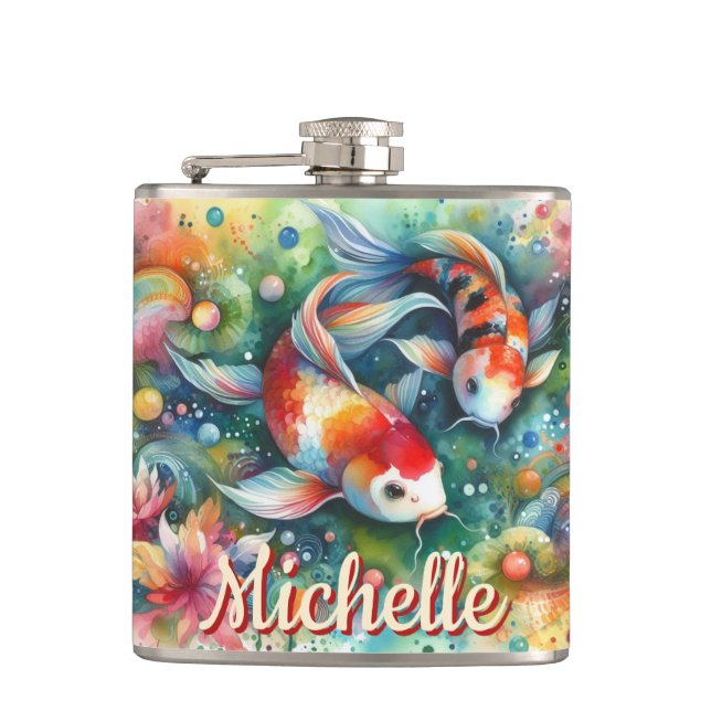 Petaca Koi Fish Whimsical Watercolor Personalizado (Anverso)