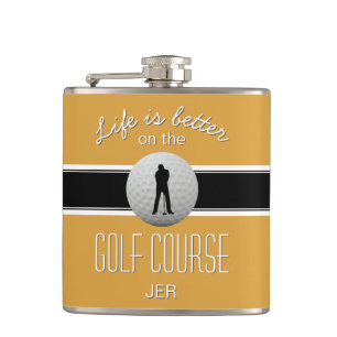 Petaca La vida es mejor cita golf monograma amarillo negr