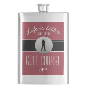 Petaca La vida es mejor cita golf monograma rojo grana