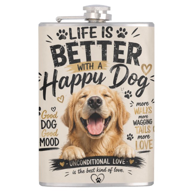 Petaca La vida es mejor con diseño de perros felices (Anverso)